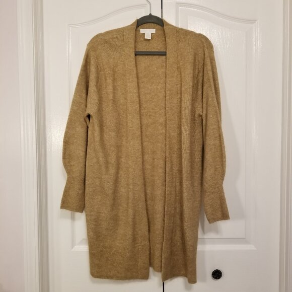 H&M Long Open Knit Cardigan Tan Wool XS Women Sweater Oversized Balloon Sleeves - Picture 3 of 13